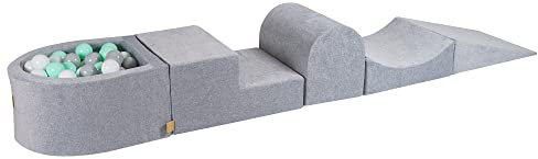 MEOWBABY 200x45cm Parque Infantil con Pelotas y un Kit de Espuma para Niños Conjunto de Piscina de 5 Elementos Módulo de Espuma Hecho en EU Gris Claro: Menta/Gris/Blanco