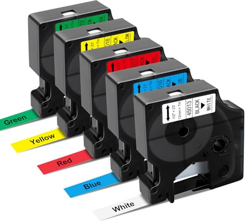 RAEMALL Ersatz für Dymo Etikettenmacher Nachfüllungen D1 45013 45016 45017 45018 45019 Etiketten 1/2 Zoll Schwarz auf Weiß/Rot/Gelb/Grün/Blau Nachfüllpackungen für DYMO LabelManager 160 280 420P 220P
