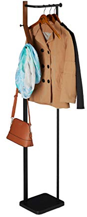 Relaxdays Garderobenständer Metall & Holz, modern, 3 Haken & Kleiderstange, Garderobe, HBT: 173x30x25 cm, schwarz-braun
