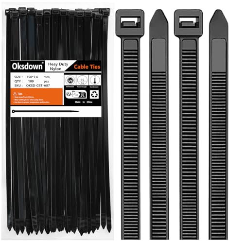 Oksdown 350 mm x 7,6 mm Collier de Serrage Plastique Noir Serre Câbles Longs Rilsan Ultra Solides Résistant aux UV Attache Câble Lot de 100 Pièces