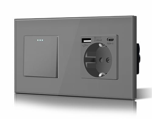 BSEED Interruptor Conmutador y Enchufe USB C,Basculante Con Pilotitos LED,Marco de Cristal,Fácil Instalación,Fáciles de Limpiar,1 Gang 2 Vía Con Enchufe USB/Tipo C,157mm Gris