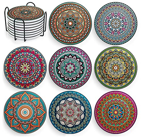 Lot de 8 Dessous de Verre Mandala en céramique avec Support - Absorbants - avec Base en liège et Support Noir - pour Table Basse, Appartement, Bar, Tasses, Verres à bière