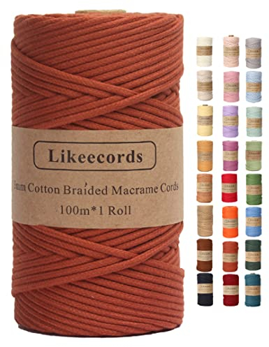 Likeecords Makramee Garn Geflochten 3mm x 100m,100% Natürliches Baumwollschnur Makramee-Schnur, Makramee-Seil, Bunte Bastelkordel aus Baumwolle für Taschen, Wandbehänge, Pflanzenaufhänger (Rostrot)