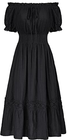 SCARLET DARKNESS Vintage Renaissance Dress Cotton Square Neck Flowy Cottagecore Boho Dresses for Women Black XL