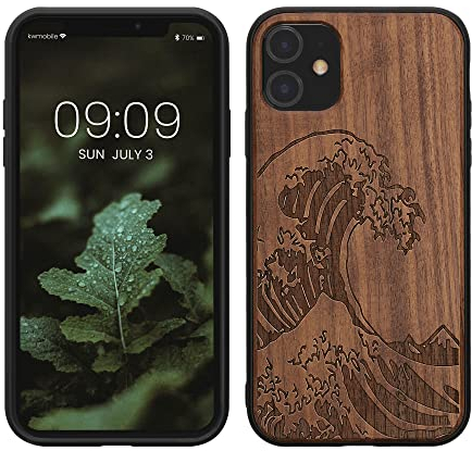 kwmobile Wood Case Compatible with Apple iPhone 11 Case - Cover - The Great Wave Dark Brown