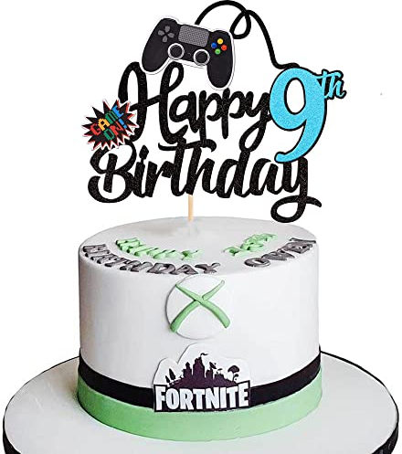 SYKYCTCY 1 Pack Happy 9th Birthday Cake Topper Glitter Video Game Cake Pick Game On Controllers Ninth Cheers to 9 Years Cake Decoration for Game Theme Happy 9th Birthday Party Supplies Black