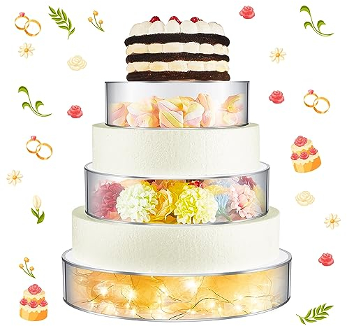 Sintuff Acryl-Kuchenständer mit LED-Lichtern, 17 cm, 21 cm, 26 cm, 27 cm, transparent, befüllbar, rund, 3 Etagen, Zylinderbox für Hochzeit, Geburtstag, Urlaub, 3 Größen