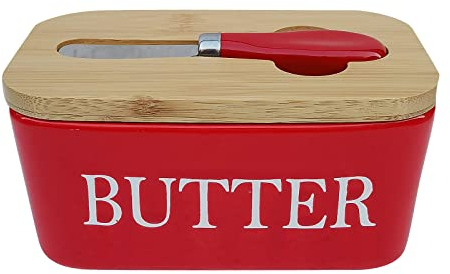 Grand beurrier avec couvercle en bois et couteau, boîte à beurre en porcelaine, porte-beurre hermétique en céramique, beurrier multifonction avec couvercles pour beurre, noix, fromage (rouge)