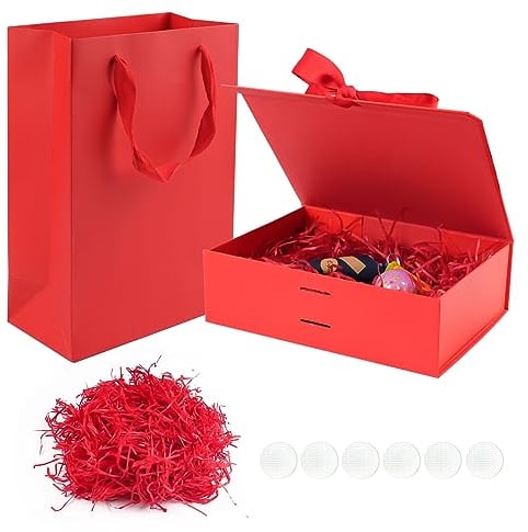 Rot Geschenkbox, 23x17x7cm Geschenk Box mit Deckel, Geschenktüten, Raffia Hamper Shreds und Klebeband, Geschenkkarton für Ostern, Valentinstag, Muttertag Geschenkverpackung