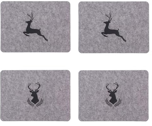 Tischset 4er Set Hirsch Motiv Filz Hellgrau Platzset 44x32 cm Untersetzer Dekoration