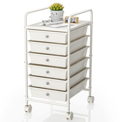 Johgee 6 Drawers Plastic Storage Cart, Multipurpose Mobile Organizer Shelving Unit with Lockable Wheels, Rolling Cart Storage Trolley for Home Office Stationery Makeup Beauty & Salon