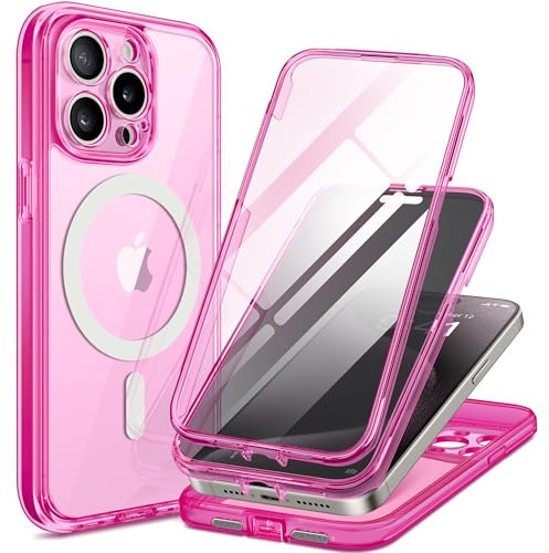TIESZEN Magnetic for iPhone 15 Pro Max Case, Compatible with MagSafe, Built-in Privacy Screen Protector and Camera Protection, Anti Spy Full Body Dustproof Shockproof Hard Phone Case 6.7,Bright Pink