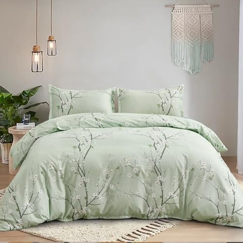 Green Duvet Cover Set Floral Plum Bedding Set Soft Microfiber Botanical Branch Duvet Cover,2 Pillowcases and Zipper Closure,King Size 220x230 cm