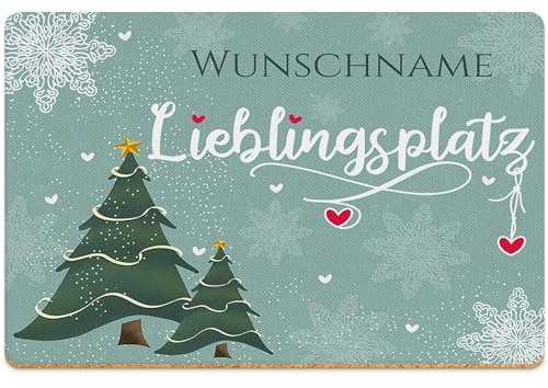 PR Print Royal Weihnachts-Platzset mit Name - Tischset Tannenbäume Lieblingsplatz - Platzdeckchen Geschenk Tischdeko Weihnachten | rutschfeste & abwischbare Unterlage Kork, 40x30cm, 1 Stück
