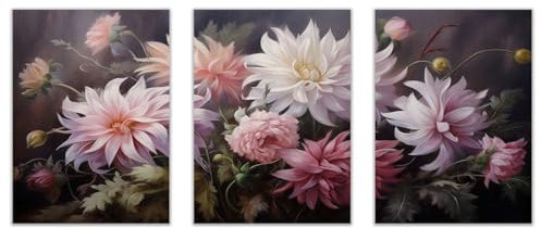 SHYAMIC Rosa Set di 3 Poster Quadri Camera Da Letto Su Tela, Fiori Rosa Verde Quadri Decorazione soggiorno caffetteria decorazione della casa -20x30cmx3 Non incorniciato
