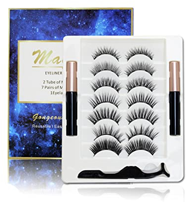Pure Vie Faux Cils Magnetique, 7paires Cils Magnetique Naturel Avec Eye liner Noir 3D Demi Faux Eye Lashes Kit Extension de Cils Professionnel Réutilisables Individuel Cat Eye Makeup pour Fille Femme