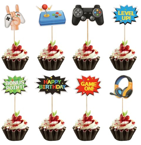 40 Stück Tortendeko Junge Videospiele Torten Deko Tortendeko Gamer 8 Stile Geburtstag Cupcake Topper“Happy Birthday”Kuchen Deko Video Gaming Spiel für Kinder Party Dekoration