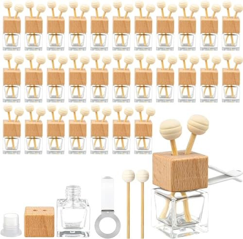 30 Pack 8 ml Car Diffuser Air Freshener Bottle Empty Car Essential Oil Diffuser Auto Glass Perfume Diffuser Bottle with Vent Clip Wooden Caps Stick Fragrance Ornament