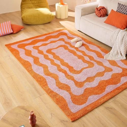 Nazar Teppich Groovy, bunt, Vintage, Retro, geometrisch, Orange, Gelb, Rosa, Rot, flauschig und bequem, Wohnzimmerteppich (382 orange, 120x160 cm)