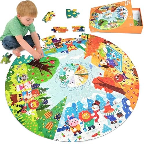 Kulveanju Floor Jigsaw Puzzles for Kids Age 3+, 88 PCS Large Four Seasons Forest Animal Puzzle Round, 53x53cm Educational Toys for Boys & Girls