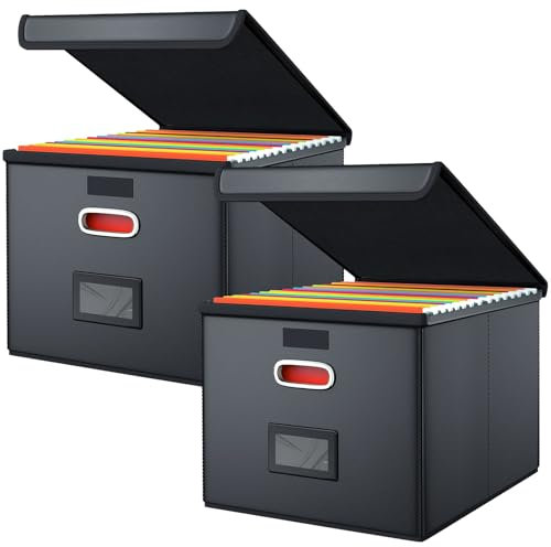 GBACHOOSE 2 Pack Portable File Boxes, 38x32x27cm Leather File Organiser Boxes with Plastic Slide, Collapsible File Storage Boxes with Lid for File and Folders Storage (Folders not included)