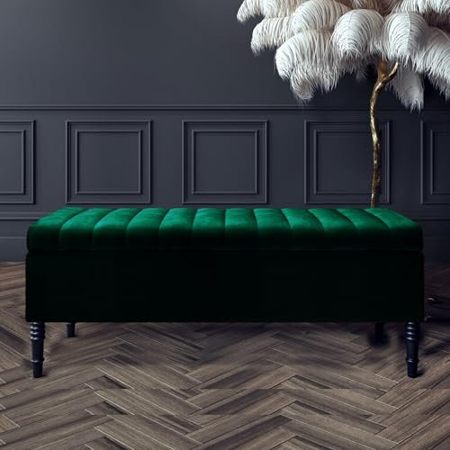 Safar Striped Ottoman Storage Bench, End of Bed Bench with Legs, Entryway Bench with Storage, Shoe Storage Ottoman Box, Rectangle Storage Footstool (Forest Green Velvet, 4ft6 (137x40x50)CM)