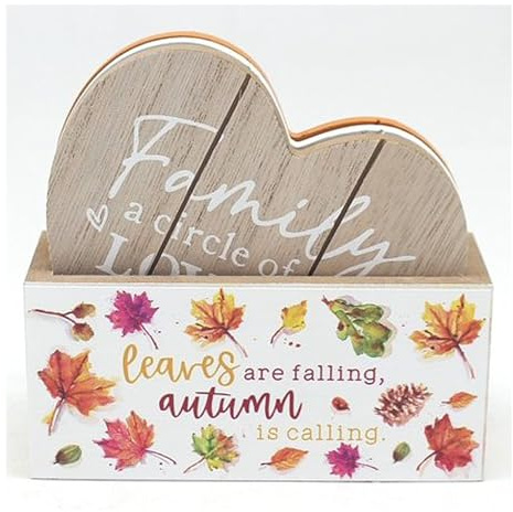 Heart Shaped Coasters Set of 4 Wooden Autumn Fall Theme with Rack Holder Case