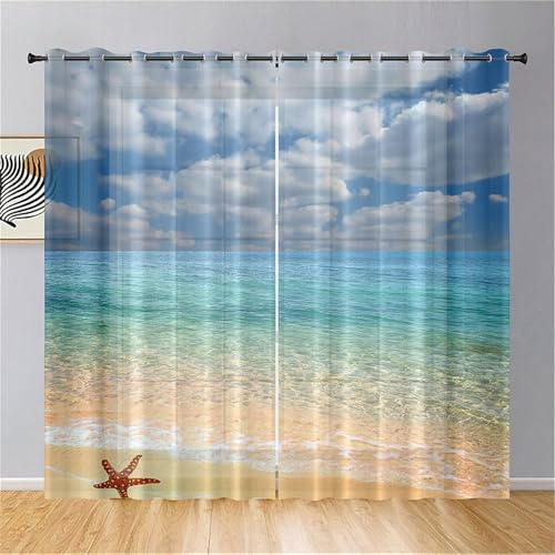 Odot Tende Semi Trasparenti per Interni, Motivo Onde Oceano 3D Tenda Voile con Occhielli 2 Pezzi Tenda Filtranti Finestra Tende Camera da Letto Moderna (140x244cm,Vista sul Mare)
