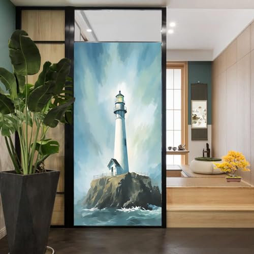 Nautical Ocean Leuchtturm Sichtschutzfolie für Zuhause, Büro, dekorative Fensterabdeckung mit Sonnenblockierung und Hitzekontrolle, Buntglas-Fensterfolie, 70 x 120 cm