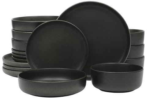 Gibson Soho Lounge Pasco 16-teiliges (Service für 4) Teller und Schüsseln, Doppelschüssel, reaktive Glasur, Steingut, Keramik, Geschirr-Set, Schwarz