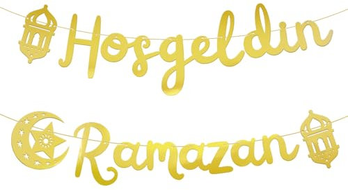 BETESSIN Ramadan Deko - Hosgeldin Ramazan Girlande Gold - Ramadan Dekoration zum Aufhängen - Ramazan Dekor - Girlande für Muslimische Festlichkeiten und Eid Dekoration