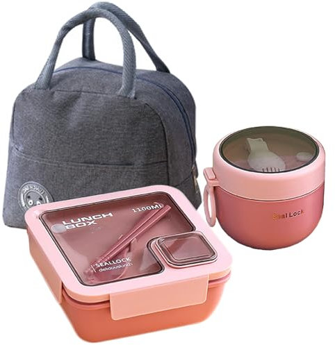 Hcojoul Bento Lunch Box with Lunch Bag, 1100ML Bento Lunch Box, Utensils, Oats Container Leak-Proof Portable Sandwich Food Storage Box for Adults, Kids, School, Office