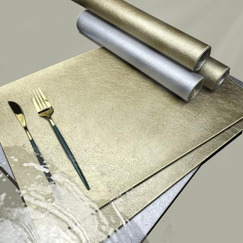 Tischuntersetzer, Platzset Leder 6er Set,Tischsets Platzsets Abwaschbar Gold-Silber, Tischset Lederoptik, Outdoor Platzdeckchen rutschfest-Platzset Abwischbar-Wasserdicht-Hitzebeständig-Rechteckig