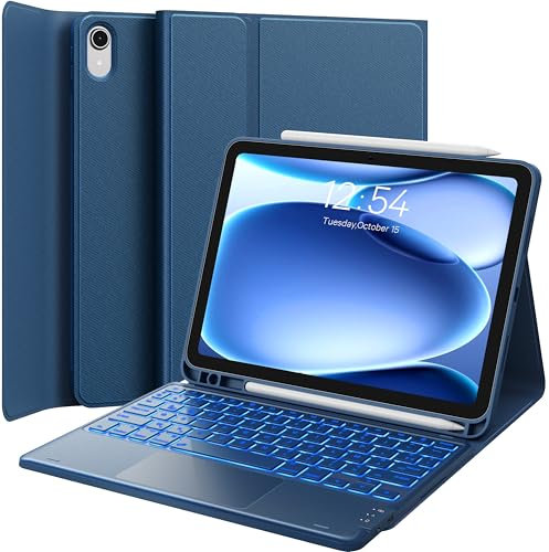 Earto Clavier iPad 11 A16(2025) /10eme Generation 2022, Coque Clavier iPad 10eme Generation avec Touchpad, Eclairage 7 Couleurs, Rechargeable Clavier AZERTY, Bleu Marine