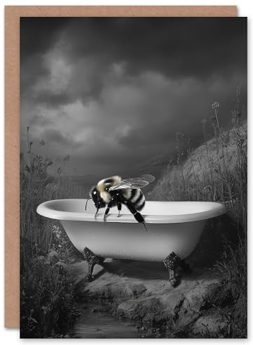 Artery8 Greeting Card Bumblebee Riverbank Bathtub Black White Surreal Blank For Him Or Her Art Birthday Card