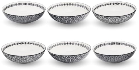 Lot De 6 Assiettes Creuses En Porcelaine, Couleurs Noir Et Blanc, Ø21 x H6,8 Cm, Collection Villa Les Pins, Style Méditerranéen Élégant Pour Soupes Et Plats En Sauce