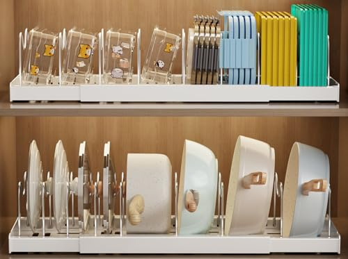 Mustorn 2 Pack Expandable Pan Lid Holder, Anti-scratch Pots and Pans Organiser Retractable Food Container Lid Organisers Pan Organiser with Adjustable 9 Dividers Baking Tray Storage Rack (White)
