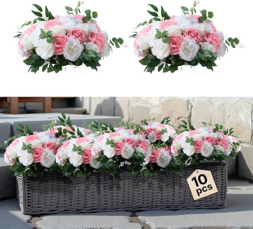 VEVOR Flower Ball Arrangement Bouquet 10 PCS, 17.7-Inch Max Diameter Artificial Flower Balls Wedding Table Centerpieces, Rose Arrangements for Wedding Centerpiece Home Decorations Pink and White Roses