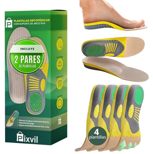 Pixvil | 2 Packs | Plantillas Fascitis Plantar | Plantillas Hombre y Mujer | Alivia dolor para pies Planos, Cavos, Pronadores y Metatarsalgia | Soporte del Arco y Espolón Calcáneo | Ortopédicas