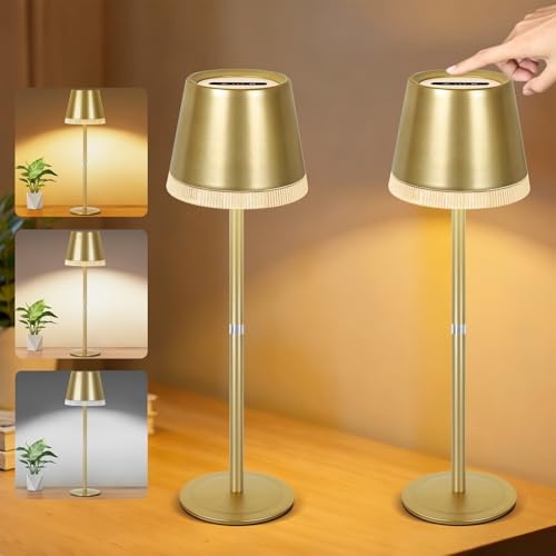 OUTON LED Tischlampe Kabellos mit Akkuanzeige, 4000mAh Akku Tischleuchte USB-C Aufladbar, 3 Farbtemperaturen & Stufenlos Dimmbar, Touch Steuerung, Memory, Tragbare Lampe für Indoor & Outdoor, Gold