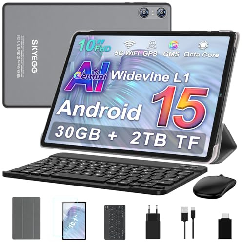 SKYEGG Tablet 10 Pollici Android 15 con Gemini AI, 30GB RAM + Espandibile 2TB ROM, Octa-Core, Widevine L1, WiFi 5G, BT5.0, Fotocamere 8MP/5MP, 6000mAh, con Tastiera, Mouse e Custodia – Grigio Chiaro