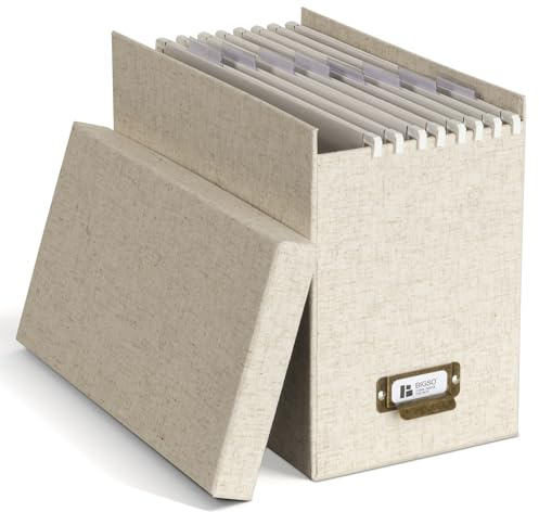 BIGSO JOHAN Hängeregisterbox A4 – Hängemappenbox mit Deckel und Griff – Schreibtischablage für Hängemappen & Dokumente – Aufbewahrungsbox aus recycelter Faserplatte und Papier – Leinen