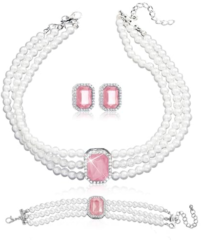 LjFrexia 3 Pièces Ensemble de Bijoux Perles Femme, Collier Choker en Perles Cristal Bracelet Boucles d'Oreilles, Bijou Multi-Rangs avec Pendentif en Cristal, pour Femme, Mariée, Demoiselle d'Honneur