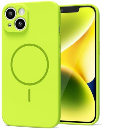 LoeoeL Magnetic Phone Case for iPhone 13 iPhone 14 Case Silicone, Cute Slim Thin Phone Cover Compatible with MagSafe for Women, Girly Soft Rubber Gel Mag Safecase with Camera Protection, Neon Green