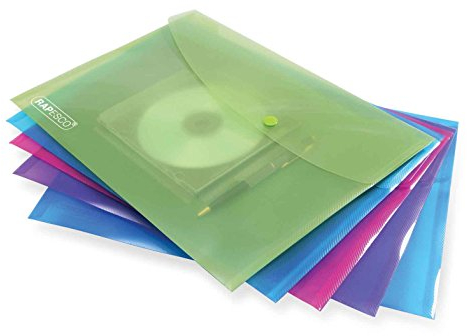 Rapesco 0704 CD/DVD-Dokumentenmappe mit Druckknopf, A4+, sortierte transparente Farben, 5 Stück