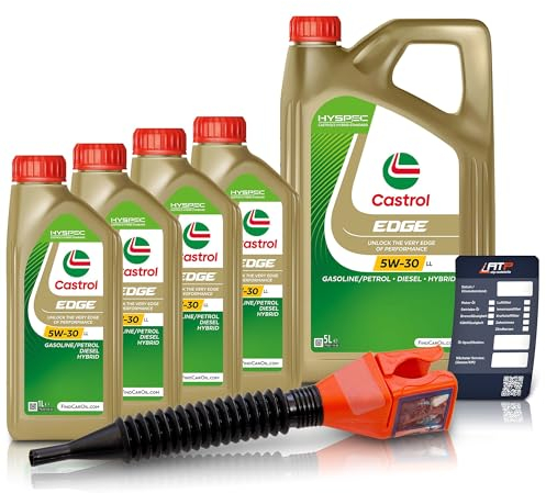 4x 1 L + 5 L = 9 Liter Castrol Edge Fluid Titanium 5W-30 LL Motoröl inkl. Castrol Ölwechselanhänger und Einfülltrichter