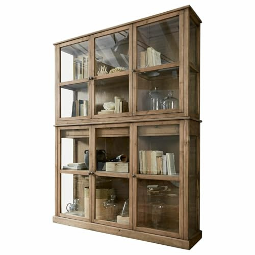 Loberon Schrank Blaise, Sprossenfenster im Landhaus-Chic, Naturbelassen, Schöne Holzmaserungen, Vitrinenschrank, Aufbewahrung, Tannenholz, Glas, antikbraun