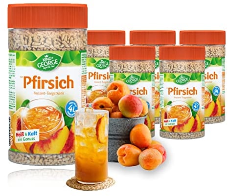 KING GEORGE - Royal Tea Time, Pfirsich Instantgetränk 6 x 400 g, Heiß & Kalt ein Genuss, Instantteegetränk mit Pfirsich Geschmack, ergibt bis zu 4 l, Schwarzteeextrakt…