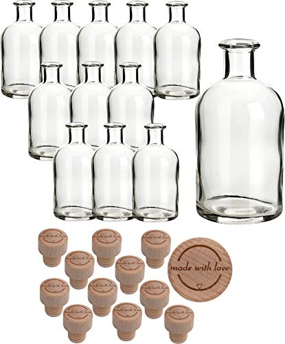 gouveo 12er Set Glasflasche 250 ml Apotheker mit Holzgriffkorken Made with Love II - Leere Flasche mit Korken zum Befüllen - Kleine Apothekerflaschen, Likörflaschen, Ölflaschen