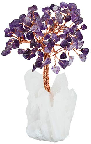 KYEYGWO Amethyst Kristall Geldbaum auf Bergkristall Cluster Base, Feng Shui Bonsai Glücksbaum Kristallbaum Deko für Glück, Reichtum und Gesundheit, 11-14 cm Hoch
